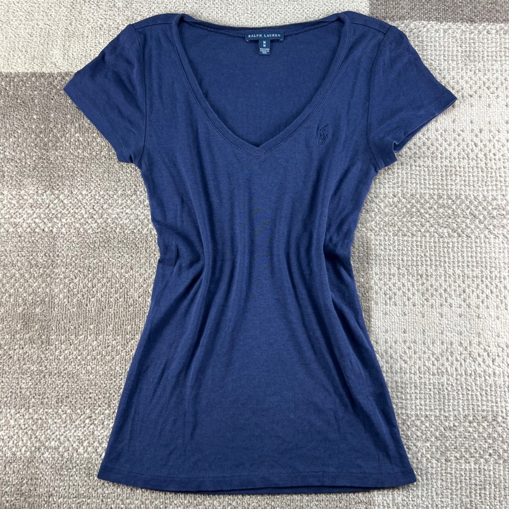 Ralph Lauren Womens V-Neck Short Sleeve T-Shirt Navy Blue Size M Logo Tee